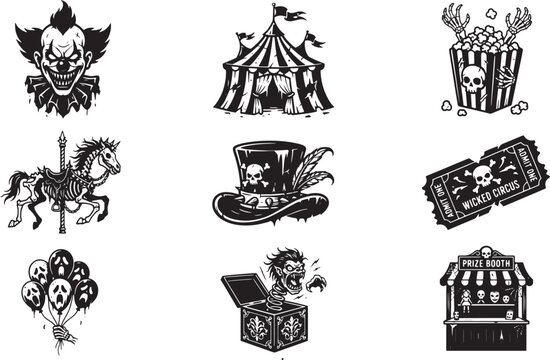 Creepy circus and wicked carnival icon set featuring evil clown, skeleton carousel horse, and spooky amusement elements