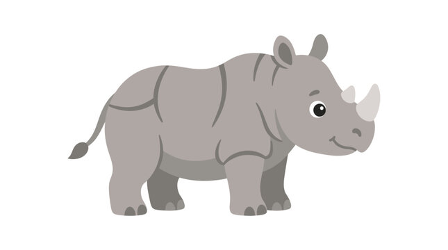 Charming cartoon rhinoceros illustration in a friendly style, depicting a gentle gray rhino standing on a clean white background, perfect for children's designs or animal themes