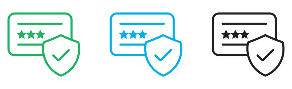 Secure payment card icons with protection shield, credit card safety symbols for online banking, verified transaction vector set in green blue and black