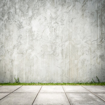 Empty concrete floor with grey grunge textured wall backdrop design element