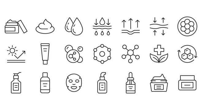 Skincare line icons set, 21 cosmetic beauty product symbols, dermatology and facial care vector elements for packaging design and web interface