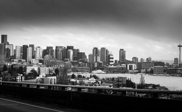Downtown Seattle, view of the buildings and the waterfront area, black and white image.
