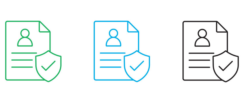 Data privacy icon set with document and shield, secure personal profile protection vectors, verified user account security symbols in green blue and black