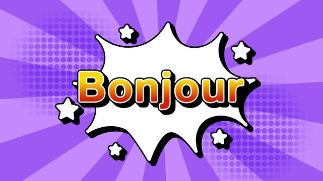 Bonjour text word lettering popup comic cartoon reveal with bomb and smoke explosion manga anime book page dots with radial speed lines doodle lavender background with seamless loop animation retro