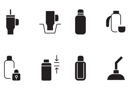 Minimalist thermos and water bottle icon set, 8 black solid vector symbols for hydration, reusable drinkware and insulated flask collection