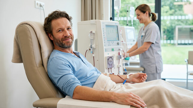 Male patient connected to dialysis machine in clinic. Smiling man undergoing kidney treatment with nurse in background