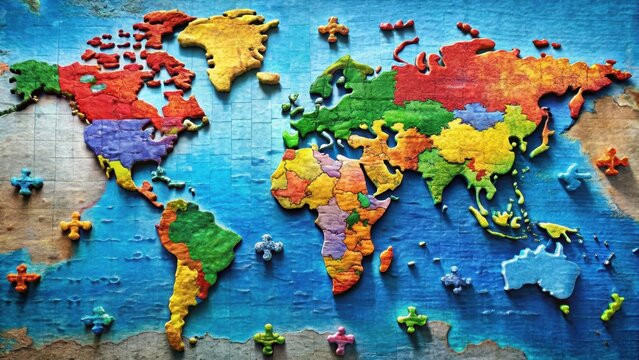 Colorful world map puzzle pieces showcasing continents and regions