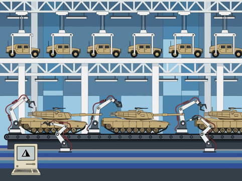 Automated Military Factory Assembly Line with Tanks and Armored Vehicles