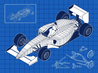 Obraz premium Blueprint Technical Drawing of Formula 1 Race Car with Wireframe Mesh and Mechanical Parts