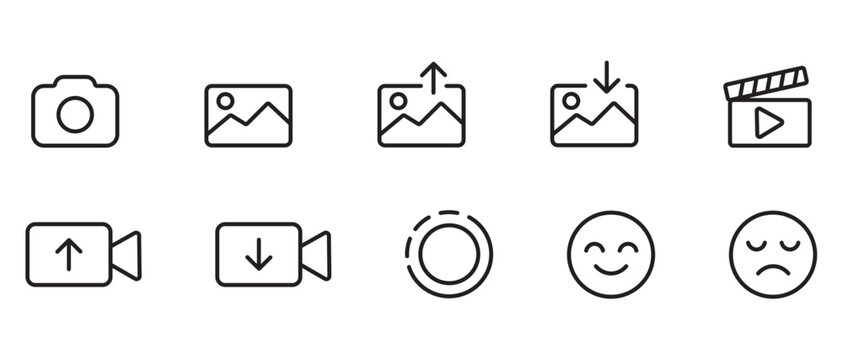 Minimalist multimedia line icons, set of 10 vector symbols for photography and video, black outline interface elements for mobile apps and web design