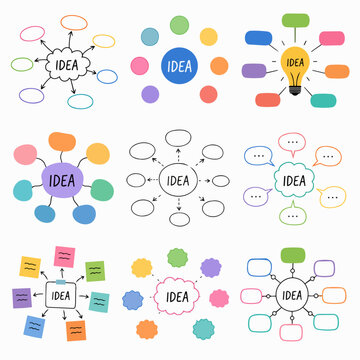 Set of hand-drawn mind map templates with colorful bubble diagrams for brainstorming.
