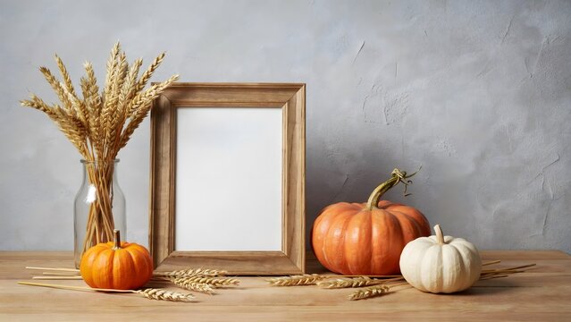 Autumn composition with a wooden frame, wheat stalks in a glass vase, and pumpkins on a wooden table against a rustic grey wall background