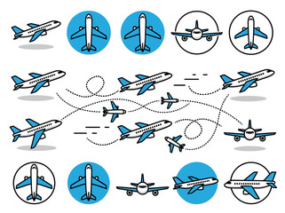Modern airplane icon set featuring commercial jets, flight routes, and aviation symbols for travel, logistics, and global transportation graphics. © Ozel