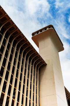 Low angle view of a multistorey car park building.