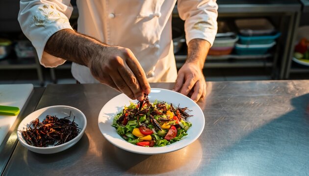 Chef meticulously plating a vibrant salad in a professional kitchen.