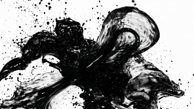 Dynamic Black Ink Splashing and Swirling Motion Against Bright White Background for Artistic Display