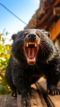 Ferocious binturong displaying teeth with open mouth, animal close up outdoors