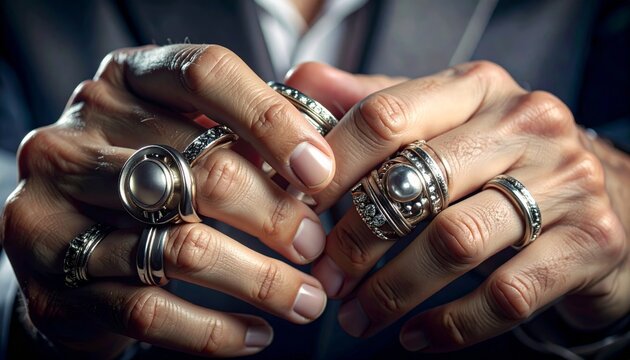 Close-up of hands adorned with multiple silver rings.