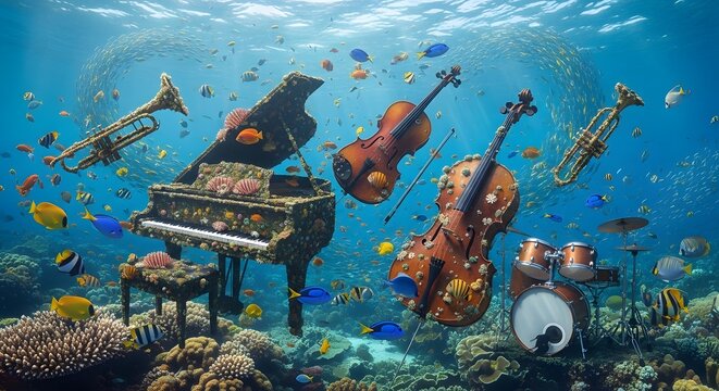 Underwater orchestra with grand piano violins trumpets and drums amidst colorful fish and coral reefs