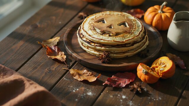 Stack of delicious pumpkinshaped pancakes with a jackolantern face design on a wooden plate, decorated with autumn leaves and small pumpkins