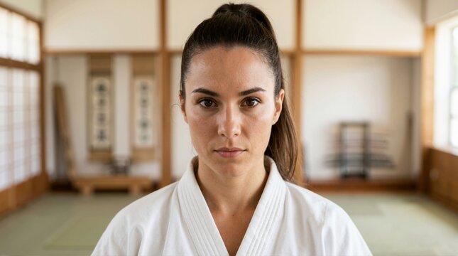 Portrait of a focused young woman in a white martial arts uniform. Serious female athlete training in a traditional Japanese dojo