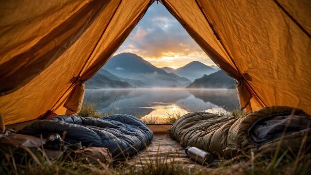 Sunrise View From Inside an Open Tent Overlooking a Calm Mountain Lake with Mist