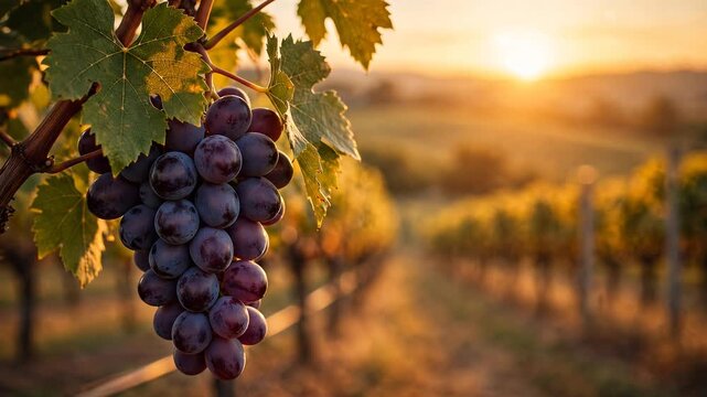 Close-up of ripe red grapes hanging on a vine in a lush vineyard during a golden sunset, featuring warm backlighting and soft bokeh background.