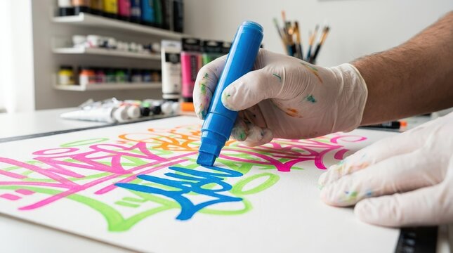 Artist hand in glove drawing vibrant graffiti street art with a blue marker. Creative urban lettering process in a studio