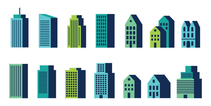 Vector set of various buildings and houses with shadows in a vibrant, modern flat design style for cityscape.