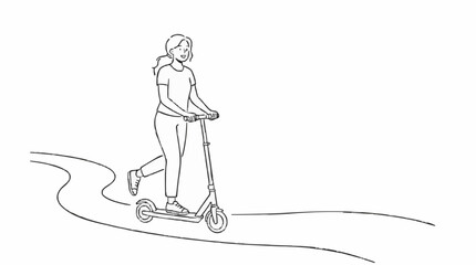 Fototapeta premium A young woman rides an electric scooter down a winding path, embracing a modern and active lifestyle with eco-friendly transportation