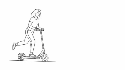 Obraz premium Woman riding an electric scooter in a simple black and white sketch