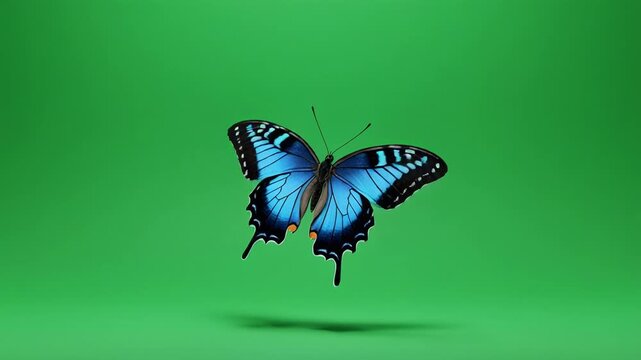 Blue Morpho Butterfly in Cinematic Flight against a Vibrant Green Gradient Background