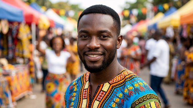 Smiling young African man wearing a colorful traditional dashiki shirt. Portrait of a male at an outdoor festival market