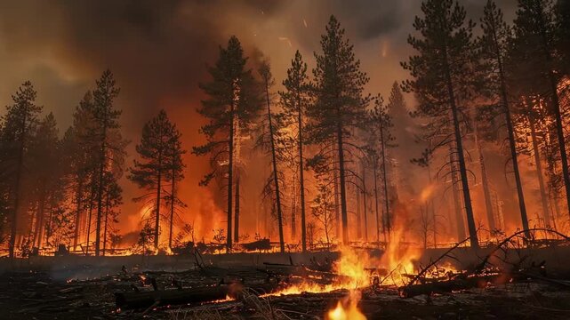 Fierce forest fire engulfs tall pine trees, creating dramatic blaze and smoky atmosphere in nature