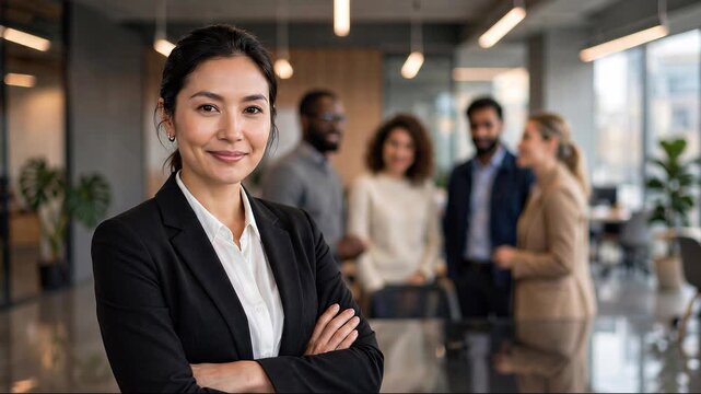 Confident Asian businesswoman in suit arms crossed opening eyes and smiling with blurred diverse office team background