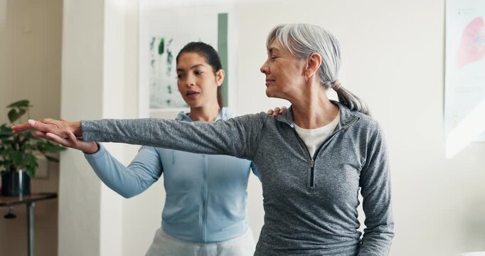 Old woman, stretching and checkup at clinic for physio, assessment or medical for mobility injury. Physiotherapist, help and senior person in office for physiotherapy, healing arthritis and treatment
