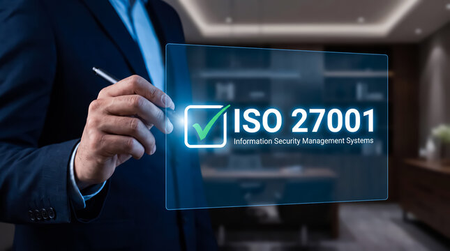 Businessman interacting with a virtual interface displaying iso 27001 information security management systems certification