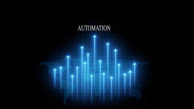 Automation concept with glowing rising arrows and map background, for business growth, and digital transformation