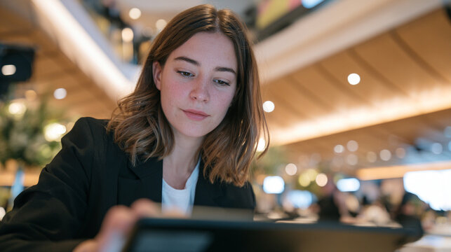 Female Event Producer Checking Timeline on Tablet Inside Premium Conference Venue with Warm Architectural Lighting