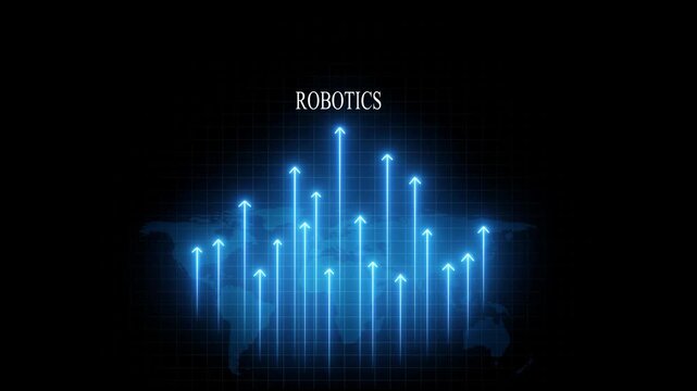 Robotics growth concept: digital map with rising blue glowing arrows representing technological advancement and global market expansion