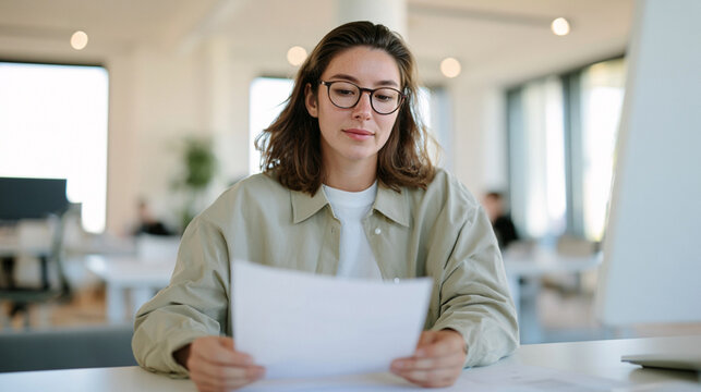 Female Professional Carefully Reviewing Official Document While Seated at Bright Desk