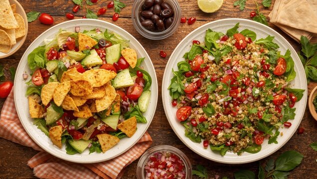 Traditional Arabic salads fattouch and tabbouleh served on a rustic surface.