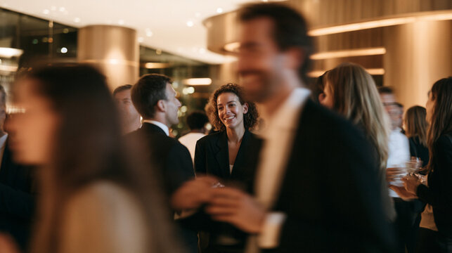 Small Groups Gathering for Conversation After Conference Presentation in Modern Venue