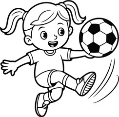 Obraz premium Cute girl playing soccer, cartoon child football vector illustration isolated outline coloring page design template