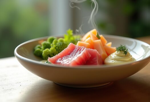 Minimalist Ceramic Bowl Featuring Fresh Tuna and Avocado Arrangement Surrounded by Subtle Organic Elements