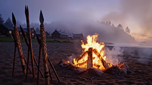 Ancient Village Beach Bonfire with Spears at Dusk, Misty Coastline