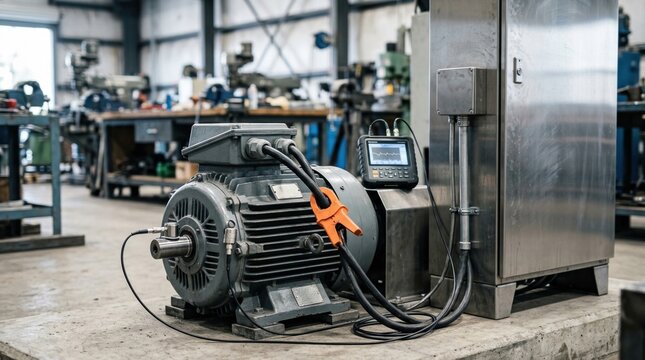 Predictive maintenance setup with induction motor, vibration sensor, current clamp, and control cabinet in an industrial workshop.