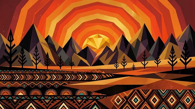 Abstract sunset landscape with geometric mountains and ethnic patterns in warm orange red and brown colors