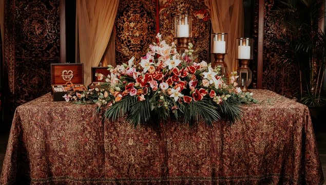 Traditional Indonesian wedding table decor known as akad nikah.