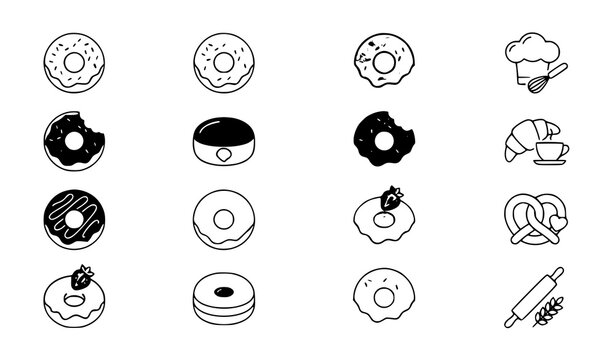 Bakery and pastry shop line icon set featuring various sprinkled glazed and bitten donuts croissant coffee cup pretzel chef hat and rolling pin.